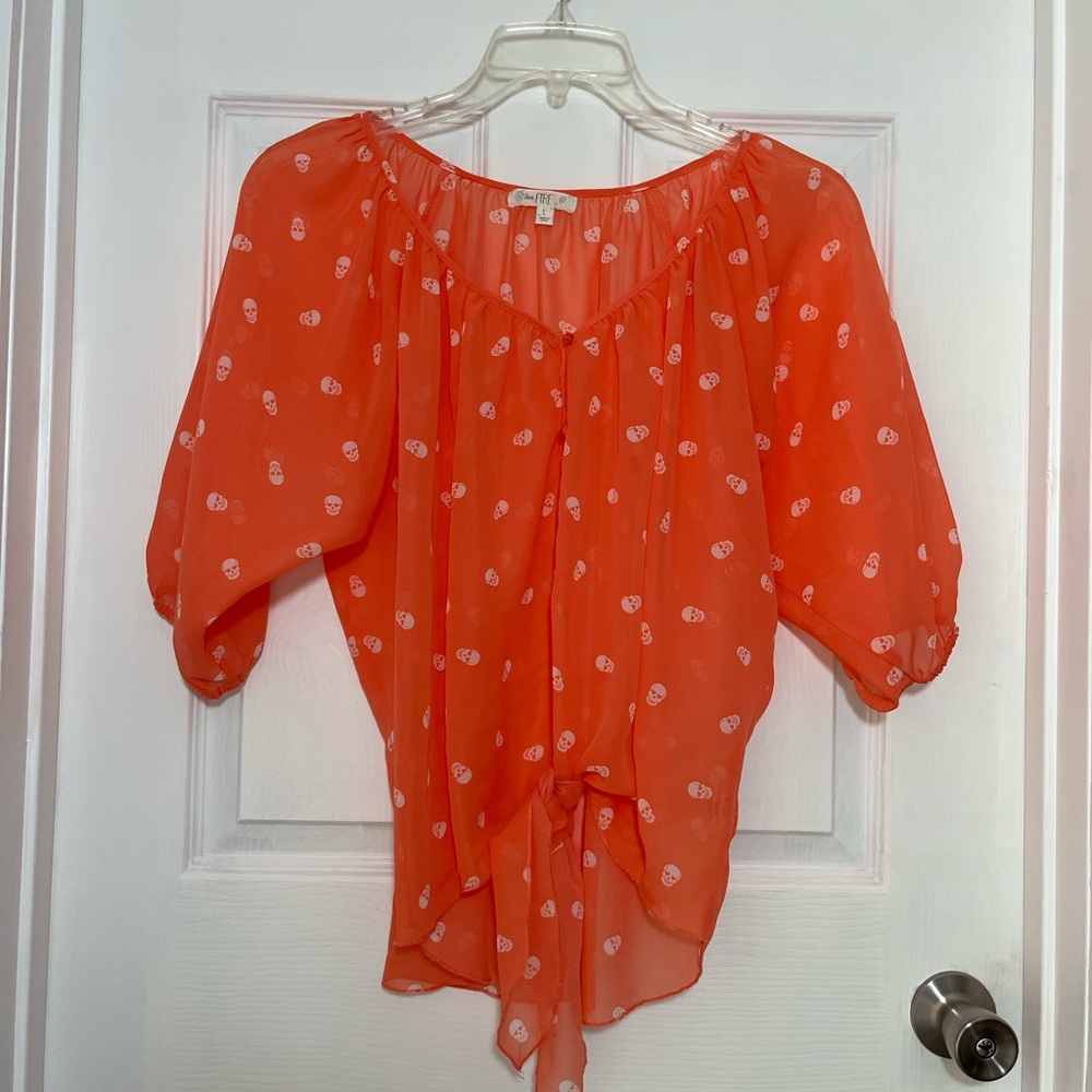 love, Fire Coral Blouse with White Skulls with Heart Eyes